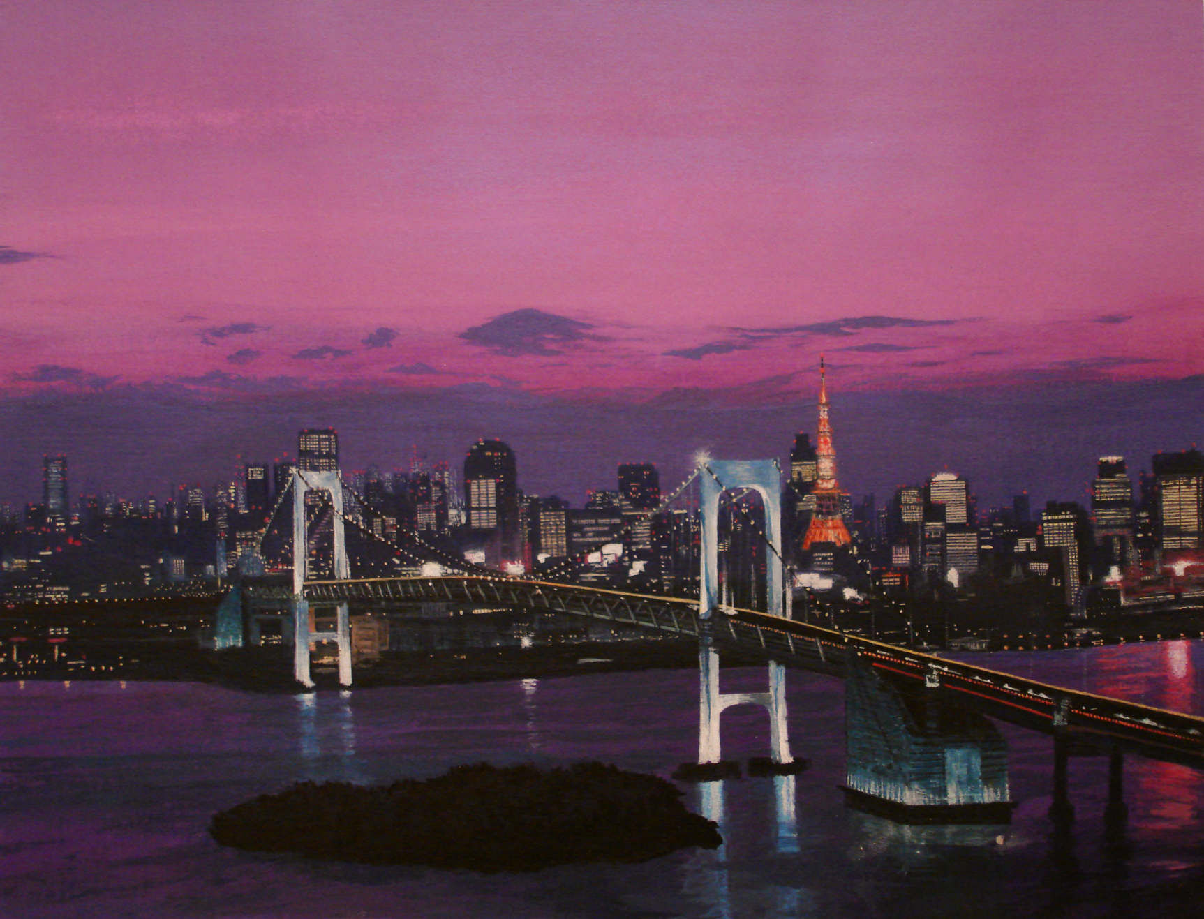 Tokyo's Rainbow Bridge - Acrylics on paper (7" x 8"), by Andrew Cunningham